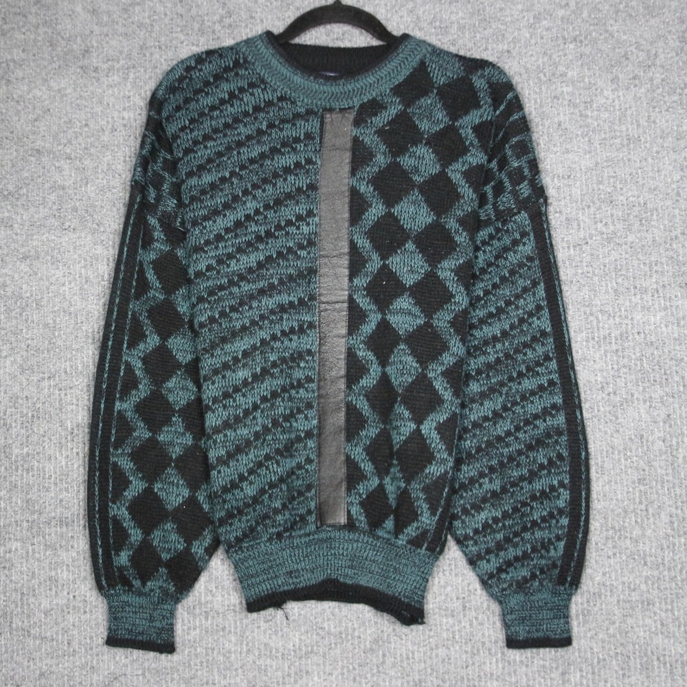 Atlantic Traders Mens L Geometric Leather Trim‎ Knit Sweater Teal Black Vintage